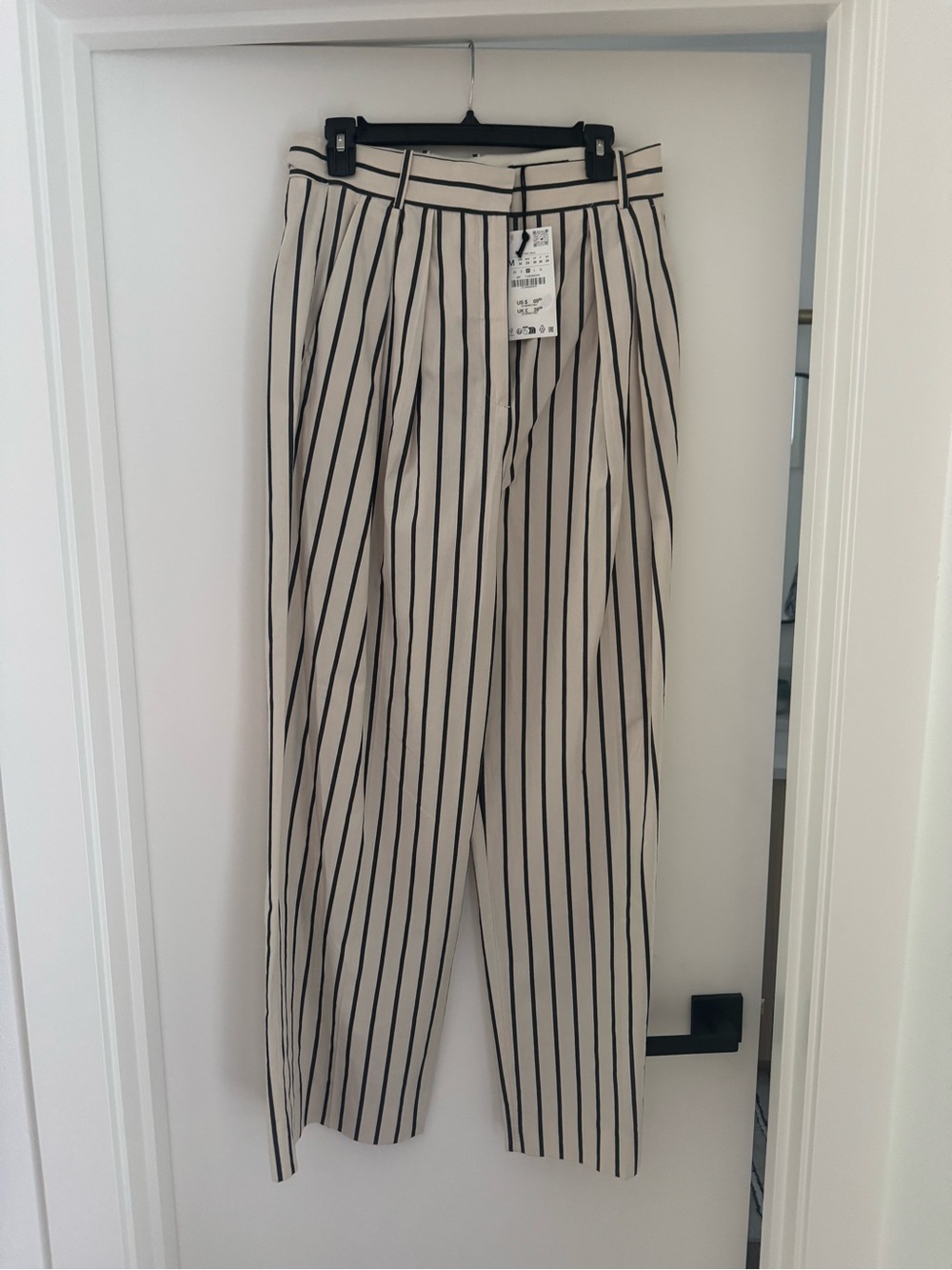 Zara Cream Pants with Black Vertical Stripes